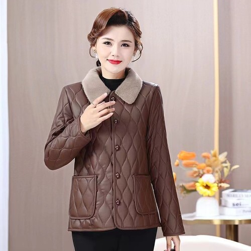 New Mid-Age and Elder Winter Outfit, Fleece Lined and Thick Cotton Jacket, Non-Fluffy Women's Stylish Mother Dress, Wash-Free Coat, Top