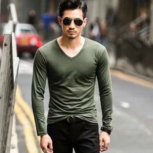 跨境男式长袖纯色t恤v领t恤纯色男装长袖t恤春秋休闲打底衫定 制