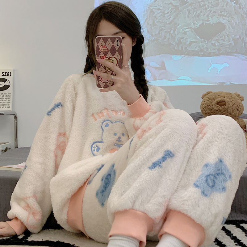 睡衣女秋冬季珊瑚绒加厚保暖韩版束口卡通可爱法兰绒家居服套装女|undefined