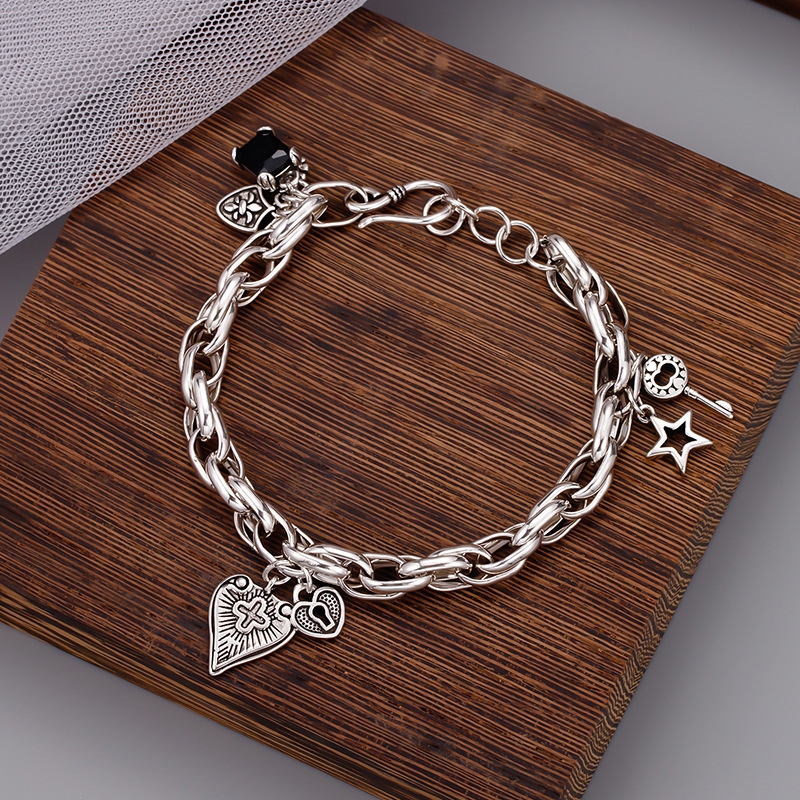 Cross Heart Five-Pointed Star Pendant Korean Dongdaemun Heavy Industry Thai Silver Bracelet Female Couple Same Style Gift Best Friend Jewelry