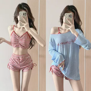 夏季泳衣女三件套多巴胺大码微胖mm遮肚显瘦保守罩衫温泉度假泳装
