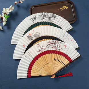 Chinese style cotton and linen double section classical ink painting bamboo fan 7 inch men's and women's craft fan gift folding fan summer Daily fan