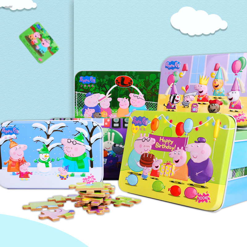 小猪铁盒佩奇儿童木质拼图幼儿园早教智力玩具3-6岁积木盒装网红