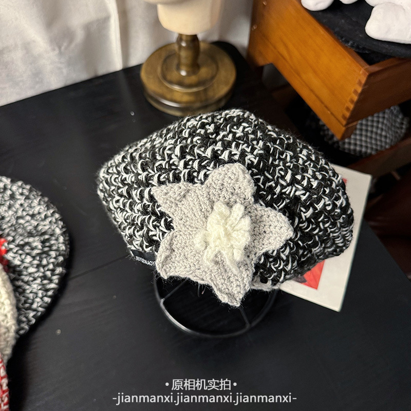氛围感手工韩系花朵针织贝雷帽女秋冬新款百搭减龄甜美可爱蓓蕾帽|undefined