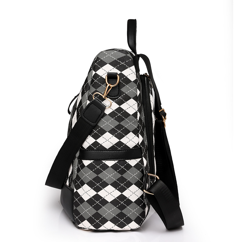 2023 nueva mochila antirrobo de cuero suave para mujer de color en contraste, mochila de viaje ligera al aire libre de gran capacidad a cuadros de moda