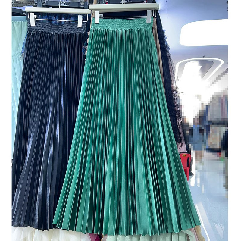 Foreign Trade Metallic Luster Candy Color Pleated Skirt Women's Long High Waist Straight Skirt Long Skirt