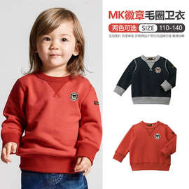24新款miki徽章黑熊纯色儿童卫衣秋冬毛圈宝宝上衣红色喜庆童装