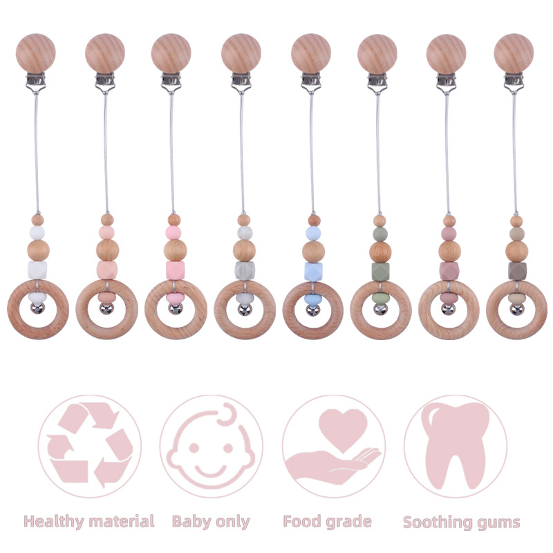 Bebé suministros bebé DIY creativo haya chupete clip nuevo haya madera anillo campana chupete cadena coche colgando joyería
