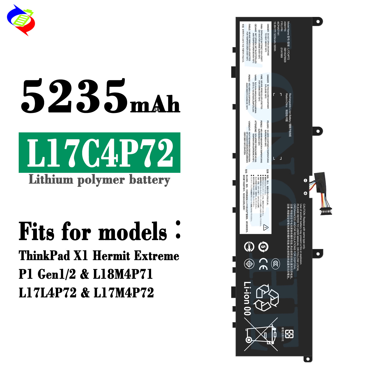 ThinkPad X1 Extreme/P1 Gen1/2 uchun Lenovo L17C4P72 noutbuk batareyalari bilan mos keladi