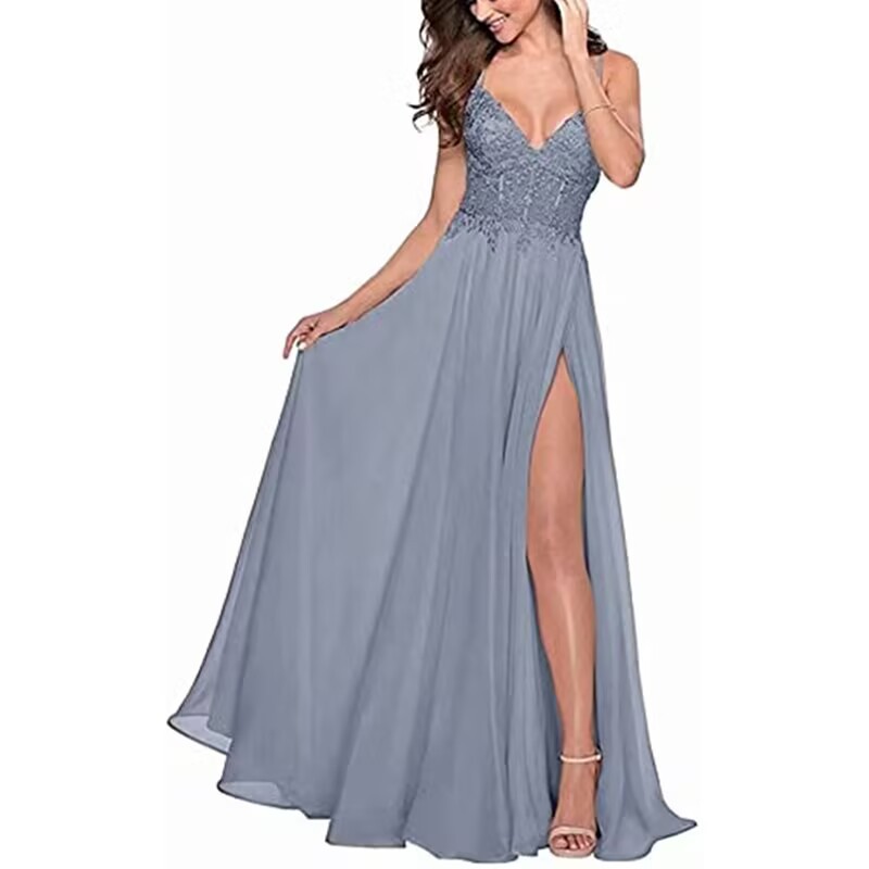 Nuevo vestido de fiesta de gasa con apliques de encaje, tirantes delgados con tirantes abiertos, vestido de noche de banquete sexy