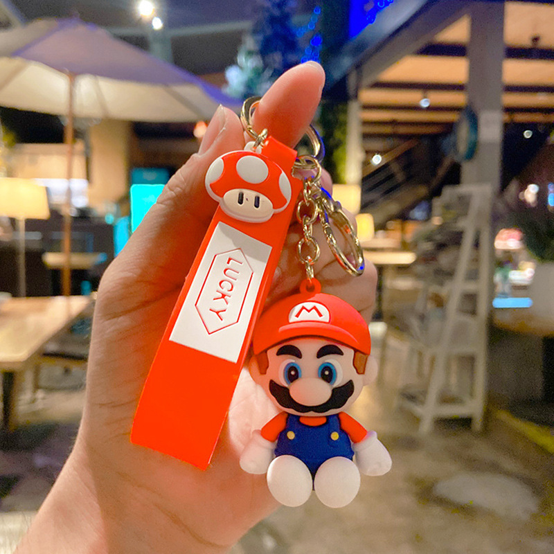 Dibujos animados de dibujos animados Mario llavero lindo coche clave colgante clave cuerda muñeca bolsa colgante llavero