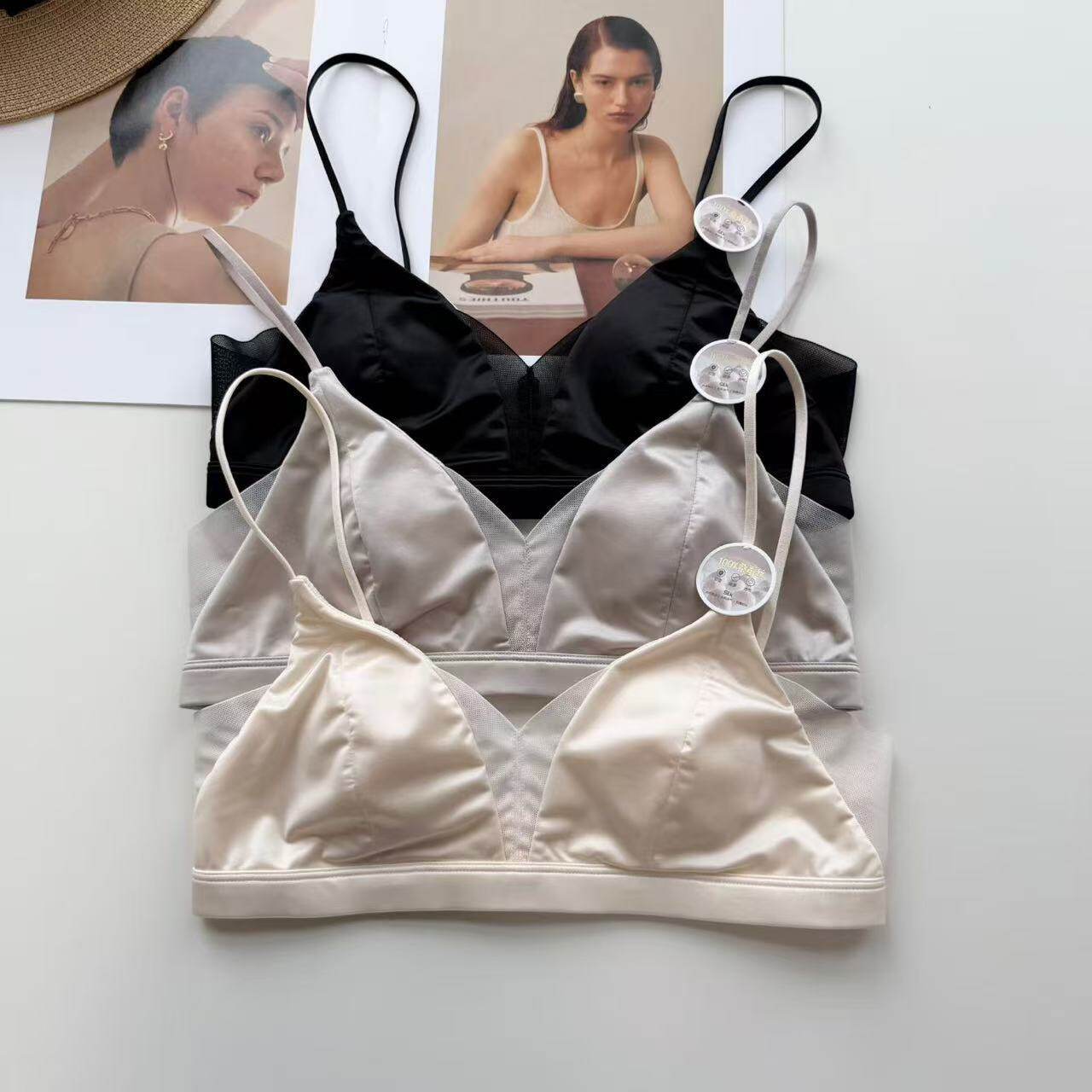 French-style light luxury satin~ultra-thin bunny ears! Mesh splicing 100% mulberry silk skin-friendly seamless versatile women's bra 26