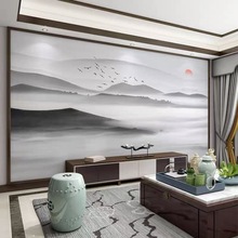 现代新中式客厅电视背景墙壁布意境山水画墙纸壁纸茶室3d壁画墙布
