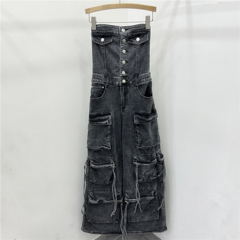 2025 primavera un botón de bolsillo delgado europeo y americano chica caliente herramienta de estilo jeans elástico pantalones recto de pecho
