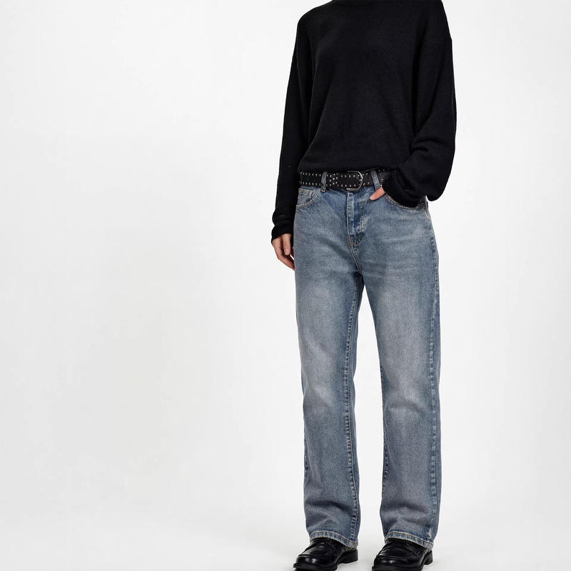 RDT Men's | 501cleanfit Style Washed Snow Pattern Ice Blue Straight Jeans Slim Vibe Pants