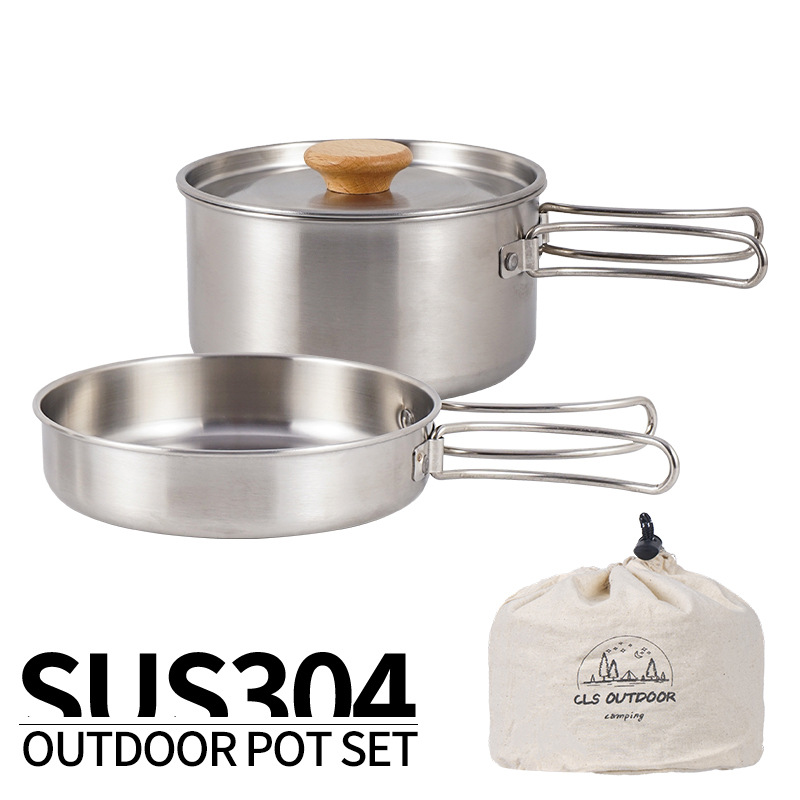 Wholesale Outdoor Mountaineering 304 Stainless Steel Foldableing Pot Set Camping Portable Frying Pan Soup Pot Household Picnic Pot 2 Pieces