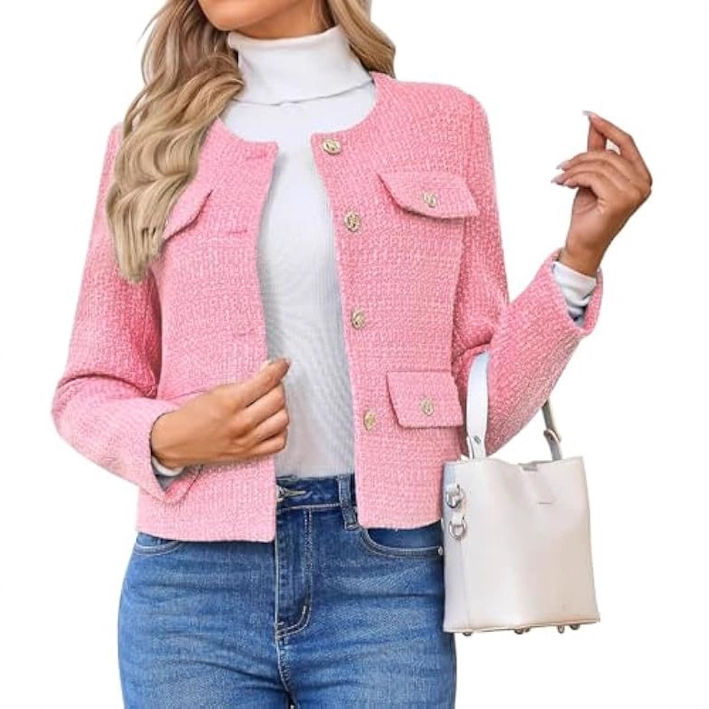 Chaqueta Corta de Tweed de Poliéster con Cuello Redondo y Botones para Trabajo image 6
