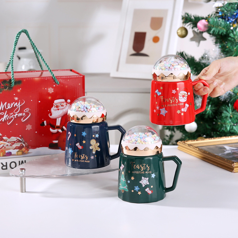 クリスマス陶磁器カップ蓋付きスプーンギフトボックスクリスマスプレゼント祝日マグカップ陶磁器コップ女子学生プレゼント|undefined