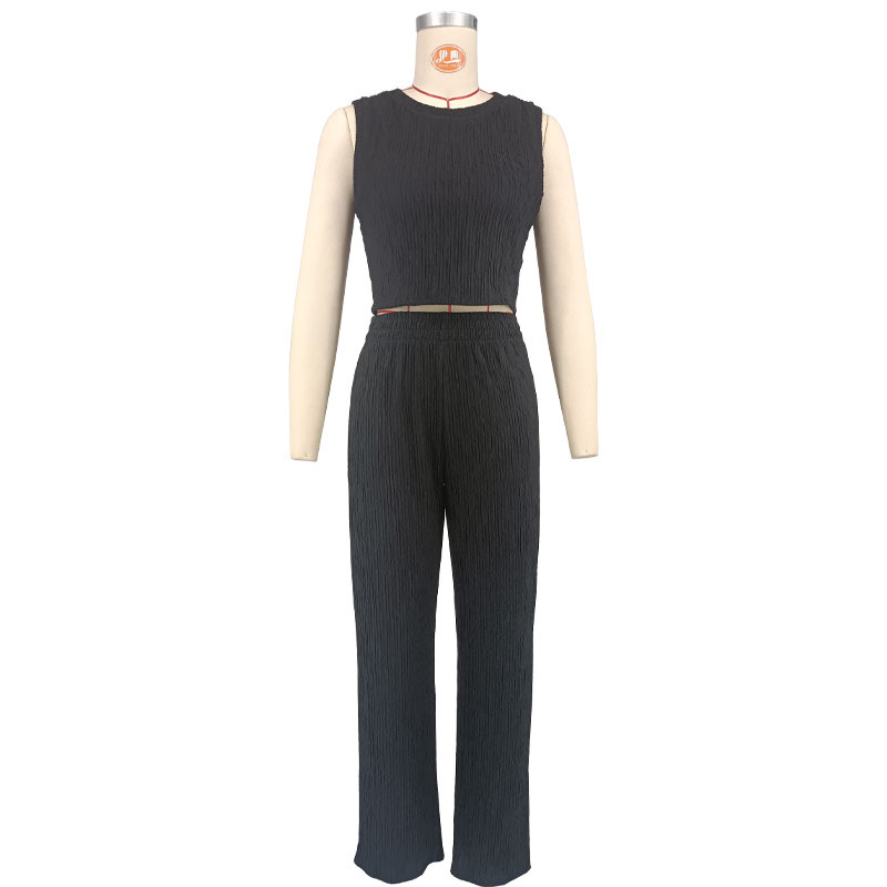 Women's Sleeveless Round Neck Solid Color Top & Long Pants Set - Breathable Polyester Spandex Blend - Casual Office Wear - Black/Maroon (S-XXL)_ecoleips.com