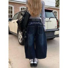 アメリカンレトロ刺繍スプライシングシミターパンツ、男性と女性のためのクロップドジーンズ、夏のルーズワイドレッグパンツ、薄いショートパンツ