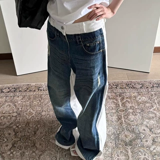美式潮牌高街假两件拼接猫须水洗牛仔裤hiphop设计街舞弯刀阔腿裤