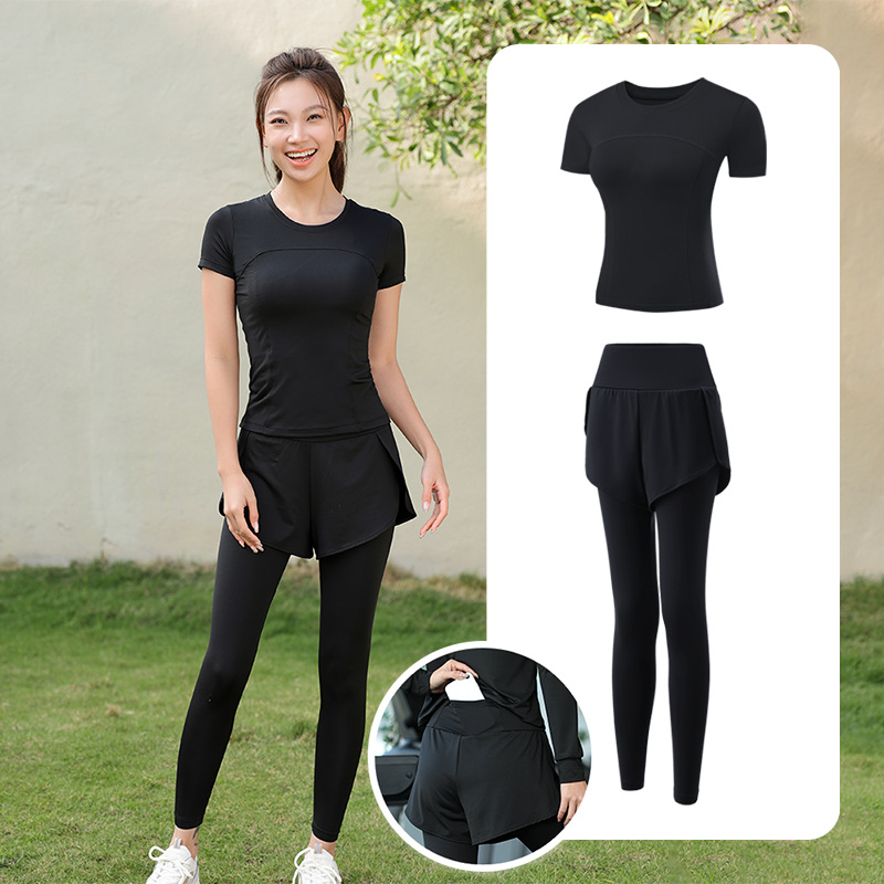 Trajes de yoga para mujeres de verano para correr ropa deportiva suelta rápida ropa seca bolsillo para correr trajes de mujeres de la mañana para correr comercio exterior