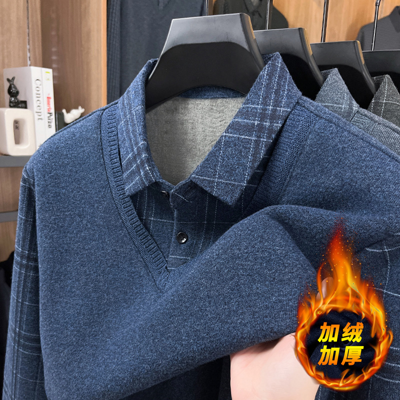 Men's high-quality casual sweater with fleece lining and thickened fabric, shirt collar, warm integrated fleece, faux two-piece design, woolen base layer