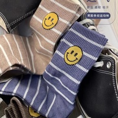 0韓國襪子 條紋黃色笑臉韓版empole學院風少女喜歡休閒中筒棉襪秋