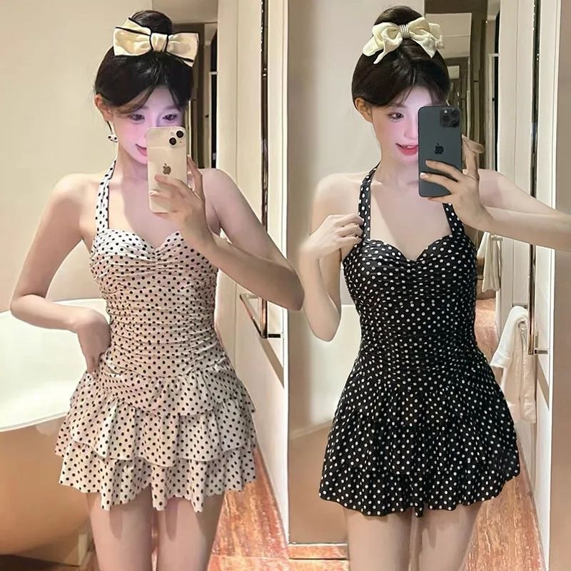 2026 New One-Piece Skirt Style Polka Dot Halterneck Swimsuit for Women Hot Spring Resort Style Slimming Look and Flesh-Covering Sexy Swimsuit