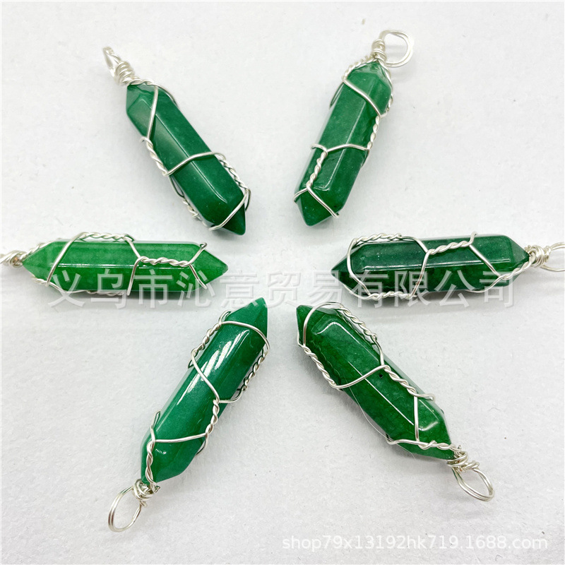 Comercio exterior caliente bobina hexagonal columna colgante collar de cristal natural hecho a mano de plata hilo bala joyería al por mayor