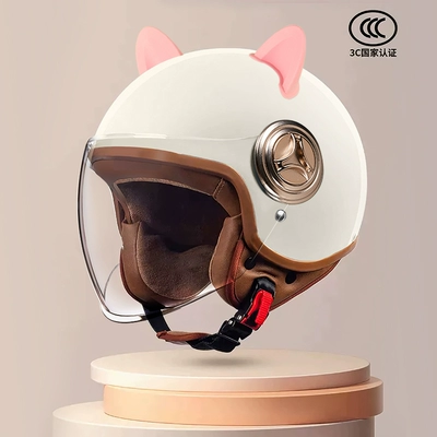 Motosiklet dəbilqələri, helmet 3C certification for men and - one-size-fits-all-new-national-standard-class-a-3c-certified-cute-ear-powder-haoyue-white-long-mirror