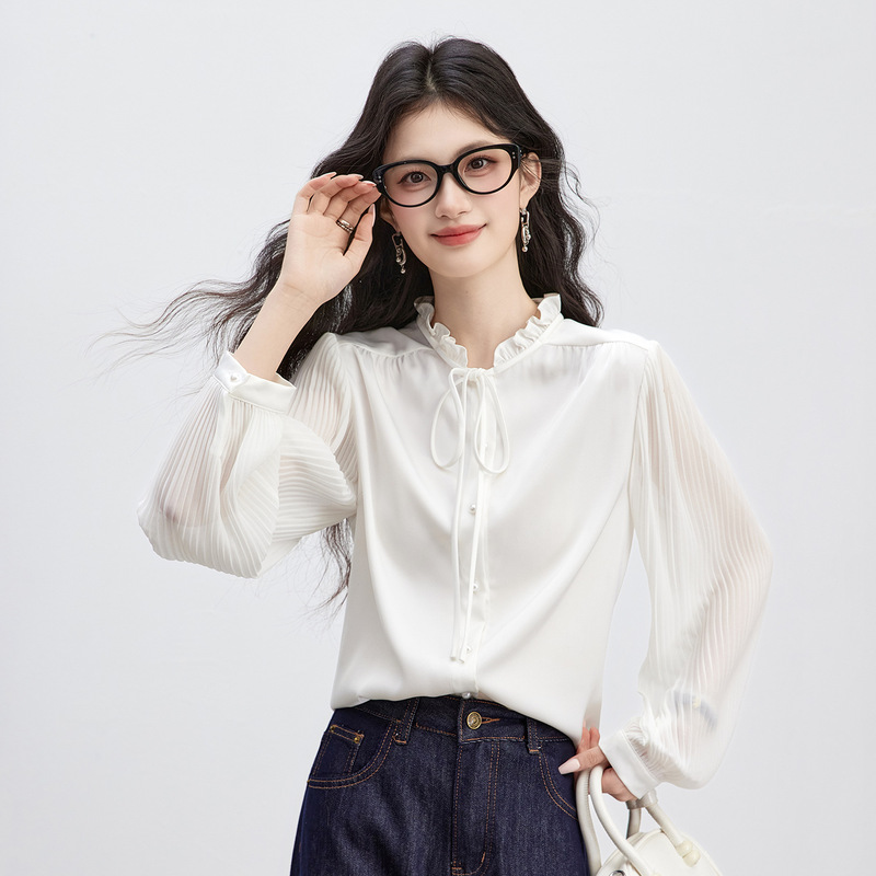 White Acetate Satin Shirt for Women, Spring and Autumn 2026 New Style, Slim Fit, Flattering, with Ruffled Edges, Unique and Chic Long-Sleeve Top White Acetate Satin Shirt for Women, Spring and Autumn 2026 New Style, Slim Fit, Flattering, with Ruffled Edges, Unique and Chic Long-Sleeve Top