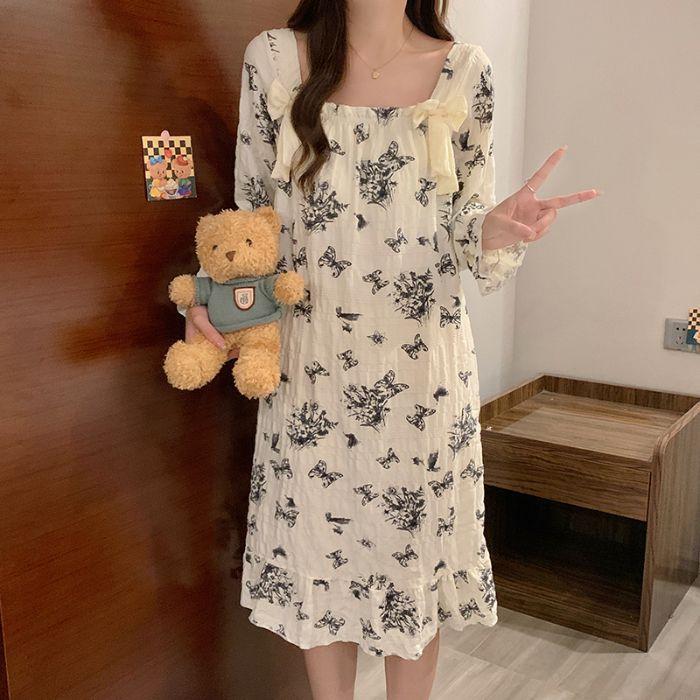 Nube de algodón pijama de primavera y otoño de mujer nuevo tipo con almohadilla de pecho dulce flor triturada pijama de mangas largas princesa ropa de hogar se puede usar fuera