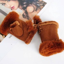 麂皮绒兔毛半指手套 女 冬天手套 保暖手套电脑手套批发