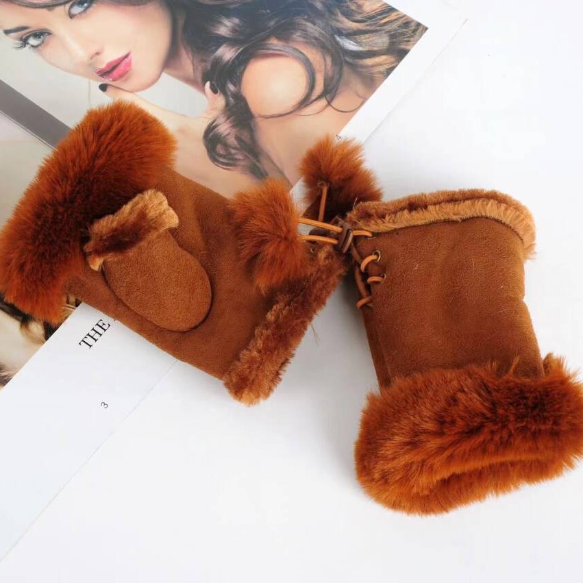 麂皮绒兔毛半指手套 女 冬天手套 保暖手套电脑手套批发