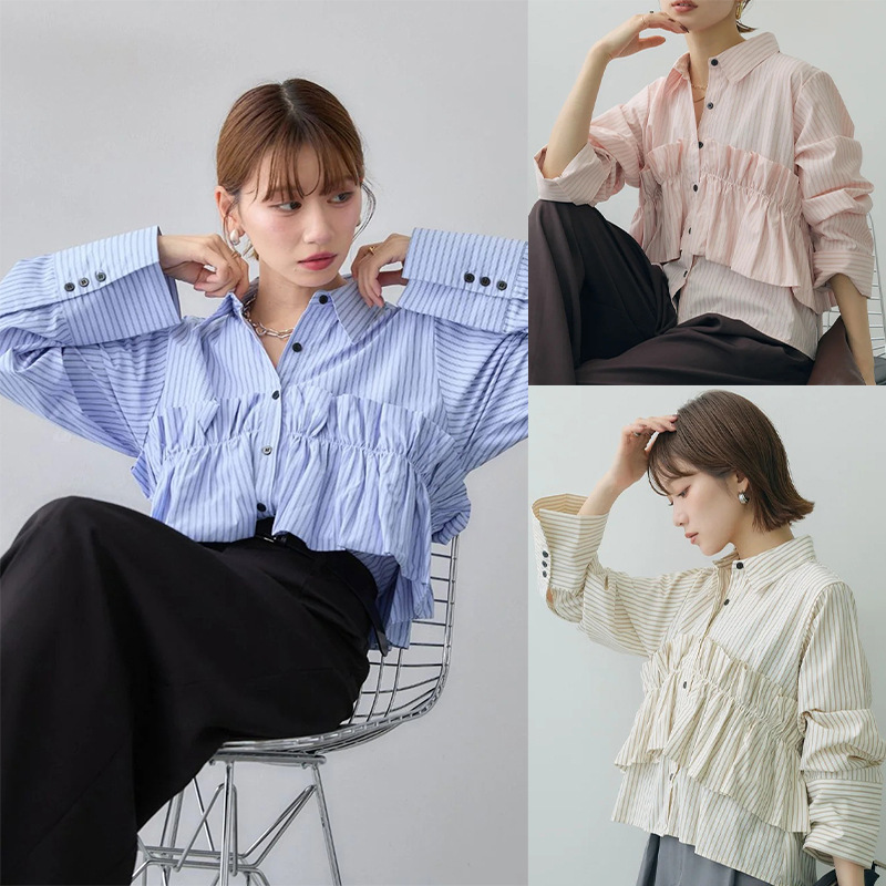 Light striped, fresh, fashionable, and versatile for both Japanese and Korean markets; cross-border, lapel-collared, lace-trimmed skirt, striped classic OL shirt