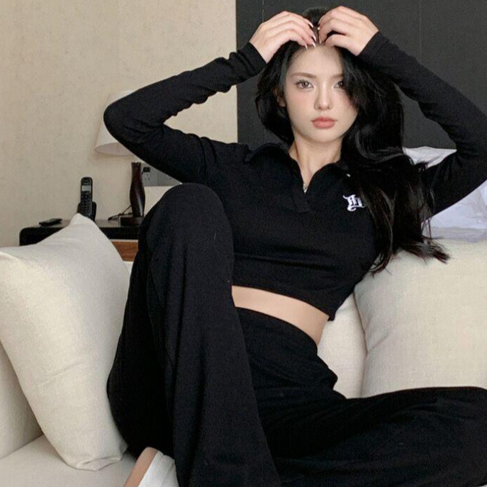 Korean Fashion High-Waisted Cropped Tight-Fitting T-Shirt for Female Students, Versatile Polo Collar Early Autumn Top, Black Base Shirt for Winter