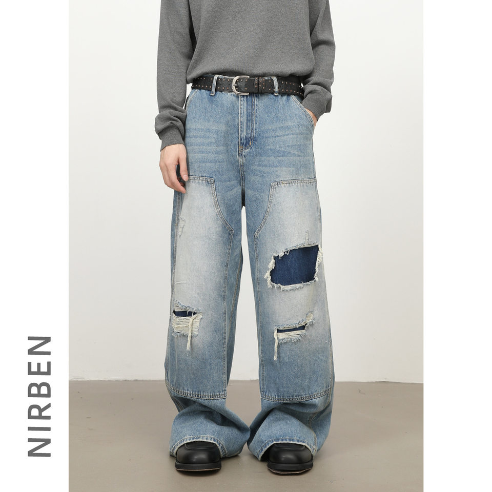 Quần jeans nam dáng rộng ống đứng phong cách Mỹ, wash xước rách phối vải — màu xanh