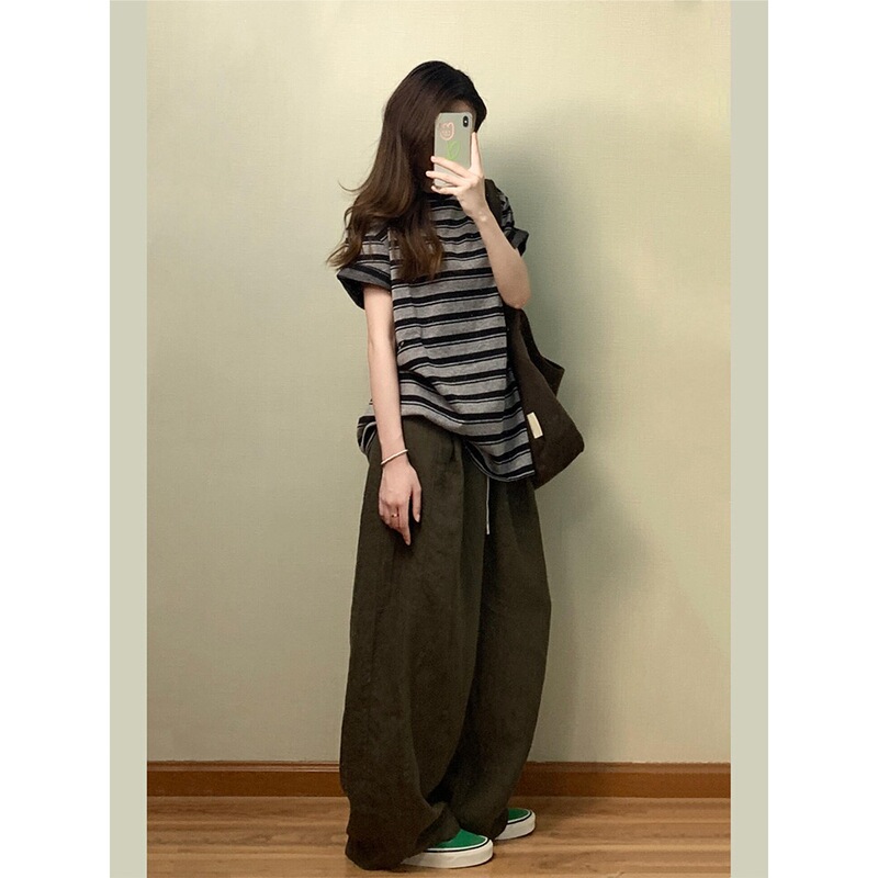 5004+5504 # Casual Two-Piece Pants Sportswear Suit for Women, Summer Slimming Short-Sleeved Top, Loose Long Pants, Cotton 5004+5504 # Casual Two-Piece Pants Sportswear Suit for Women, Summer Slimming Short-Sleeved Top, Loose Long Pants, Cotton