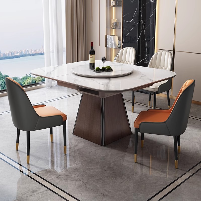 Mesa de comedor de tabla de roca de lujo ligera, tamaño rectangular y pequeño tipo de hogar, mesa de comedor de horno electromagnético telescópico de doble propósito, mesa cuadrada de deslizamiento