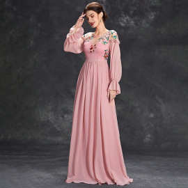 速卖通跨境货源晚礼服新款贴花新娘派对晚宴沙滩雪纺礼服夏季