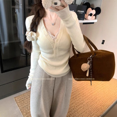 纯欲低领修身打底衫女早秋2025新款内搭高级感毛衣长袖针织衫上衣
