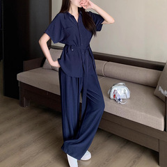 2025夏装新款胖mm大码女优雅气质绑带收腰衬衫上衣宽松阔腿裤套装