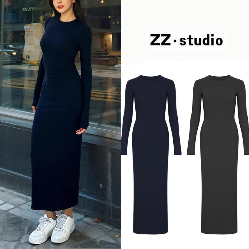 Navy Blue Round Neck Long-Sleeved Dress Hot Girl Slim Fit Hip-Hugging Slim Long Skirt for Women