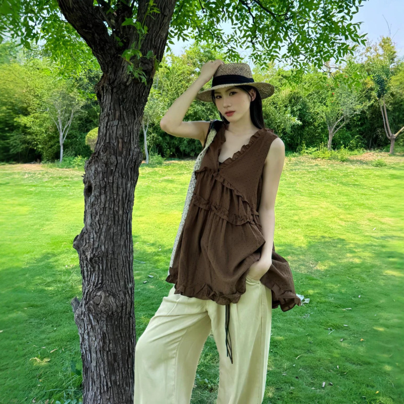 Korean Retro Style Brown Polka Dot Sleeveless Vest for Women, Summer V-Neck Ruffled Loose Slimming Lazy Babydoll Shirt Korean Retro Style Brown Polka Dot Sleeveless Vest for Women, Summer V-Neck Ruffled Loose Slimming Lazy Babydoll Shirt