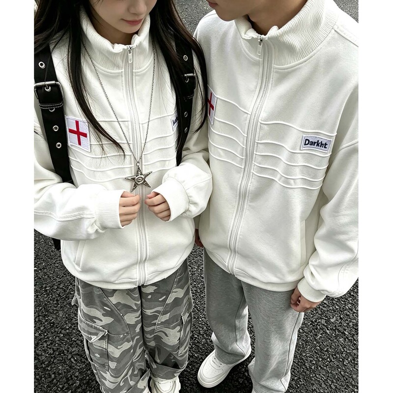 American-style high-street embroidered couple's sweatshirts, spring and autumn collection, unisex, with a stylish stand-up collar design