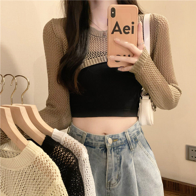 Suéter hueco corto ropa de mujer verano nuevo diseño manga larga protección solar blusa chal de seda de hielo