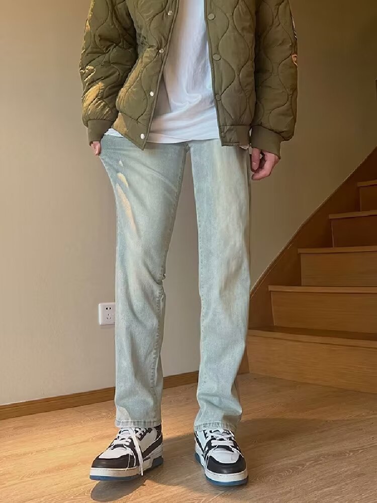Pantalones vaqueros elásticos viejos lavados de la calle americana primavera y otoño pantalones largos de estilo vibe rectos de moda