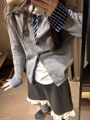 格雷系穿搭chic假两件针织开衫女2025秋季格纹拼接上衣单排扣外套