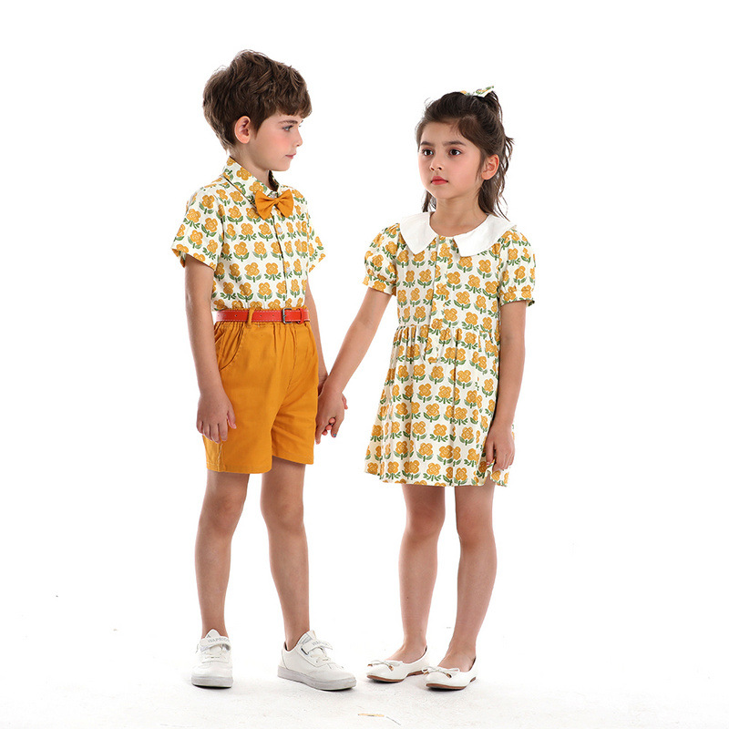 Impresión pastoral de verano con solapa camisa de mangas cortas para niños pantalones cortos dos piezas set coreano para niños y niñas show dress set